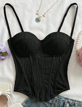 Top de camisola de mujer negro de verano chic para noche de club con textura de punto ondulado, top bustier corsé con decoración de botones, top boh - Shein - FashionsVida