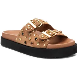 Sandalias planas de mujer de piel con suela de goma