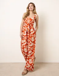 Tropical Tie Front Jumpsuit - L / ORANGE - female