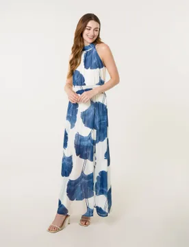 Halter Neck Occasion Dress - L / WHITE/ NAVY - female - Blue Vanilla - FashionsVida