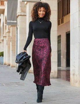 Satin Leopard Print Midi Slip Skirt Burgundy Mix female - Sosandar - FashionsVida