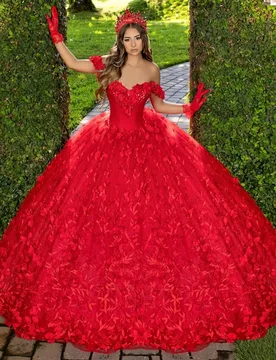Red Quinceanera Dresses Ball Gown Off The Shoulder 3D Flower Lace Applique Beaded Crystal Tull Corset Sweet 16 Vestidos De - Aliexpress - FashionsVida