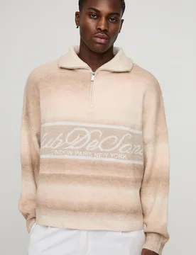 Mens Oversized Boxy Fit Ombre Stripe Graphic Funnel Neck Knitted Jumper - Beige - Size Medium - boohooMAN - FashionsVida