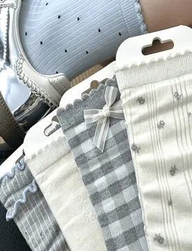 Pares de calcetines de media caña estilo preppy gris-azul transpirables de verano finos lindos con lazo japonés y volantes de encaje INS Unitalla - Shein - FashionsVida