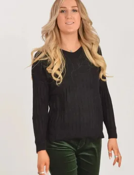Womens Ribbed V-Neck Jumper - Black Viscose - Size 16 Uk - Secret Label - FashionsVida