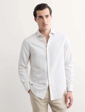 Regular Fit Luxury Linen Cotton Striped Shirt Neutral Brown male - Jaeger - FashionsVida