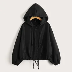 Chaqueta con capucha, hombros caídos y dobladillo con cordón para otoño/invierno M