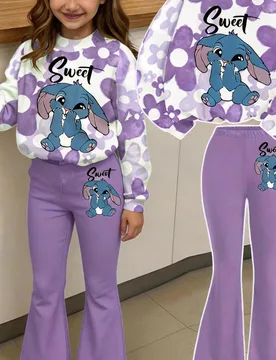Set de 2 piezas de sudadera de manga larga con cuello redondo de ajuste holgado con estampado floral degradado morado y conejo azul de estilo kawaii p - Shein - FashionsVida