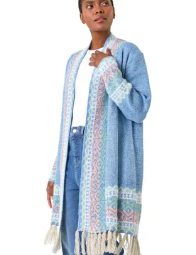 Womens Patterened Fringe Cardigan - Blue - Size 16 Uk - Roman - FashionsVida