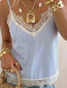 Camisola elegante de mujer con rayas azules y blancas y patchwork de encaje, top de fiesta de té de verano, blusa elegante para damas para uso diario - Shein - FashionsVida
