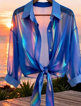 Blusa casual de vacaciones de gasa iridiscente transparente con lazo delantero para mujer S - Shein - FashionsVida