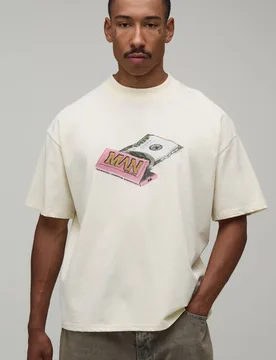 Herren Ecru Übergroßes Kastenförmiges Herren-T-Shirt Mit Dollar-Aufdruck Größe Large - boohooMAN - FashionsVida
