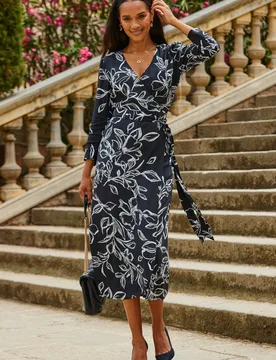 Womens Black Floral Print Ruched Sleeve Midi Wrap Dress - Size 12 Uk - Sosandar - FashionsVida