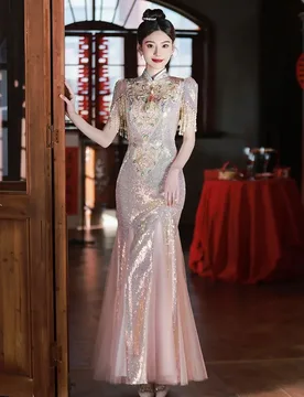 A pink sequined toasting flash dress for Chinese-style adult light luxury niche host - Aliexpress - FashionsVida