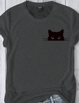 Camiseta casual de manga corta con cuello redondo y estampado de gato de dibujos animados lindo, camisetas gráficas de verano para mujer L - Shein - FashionsVida