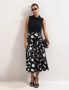 Mavis Cotton Rich Floral Midi A-Line Skirt Black Mix female - Phase Eight - FashionsVida