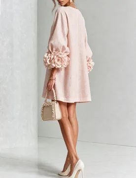 D Flower Cuff Mini Dress Women Round Neck Lantern Long Sleeve Flower Buttons Loose Dress Elegant Wedding Guest Short Dress - Aliexpress - FashionsVida