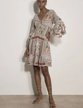 Women's Patchwork Print Smocked Mini Dress in Mint Size: 10 - Mint - Size: 10 - Apricot - FashionsVida