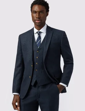 Mens Tailored Fit Donegal Jacket - Navy Wool - Size 46 (Chest) - Alexandre Silver Label - FashionsVida