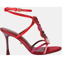 Sandalia de tacón fino de mujer en con hebilla y pedrería multicolor