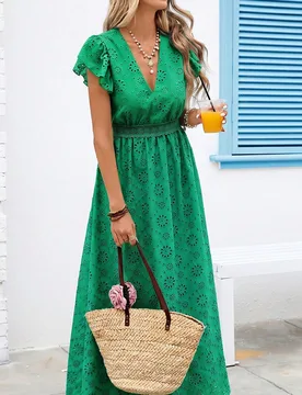 Vestido de vacaciones elegante de mujer con mangas de volantes de encaje calado XXL - Shein - FashionsVida