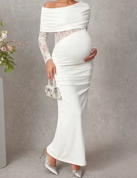 Vestido blanco de encaje y parches para maternidad, vestido elegante y ajustado de manga larga para mujeres embarazadas, primavera/otoño L - Shein - FashionsVida