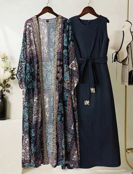 Conjunto de vestido de unicolor sin mangas y bata estampada de paisley estilo árabe para mujer S - Shein - FashionsVida