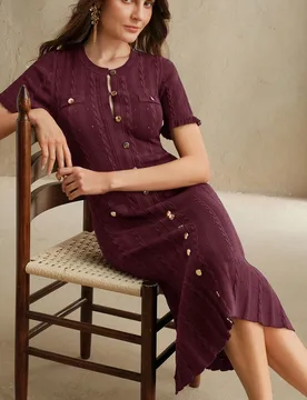 Vestido elegante de línea A con botones, manga larga, cuello de volantes, tejido de cable Aran perforado y trenzado de peso pesado en unicolor, adecu - Shein - FashionsVida