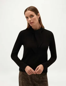 Merino Wool Rich Tie Neck Jumper with Cashmere Black female - Hobbs - FashionsVida