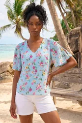 Women's Floral Print Angel Sleeve Top in Light Blue Size: 18 - Light Blue - Size: 18