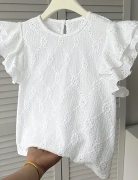 Blusa casual ajustada para niñas preadolescentes, blanca, de verano, elegante para fiesta, de tejido texturizado, cuello redondo, con fruncido, volan - Shein - FashionsVida