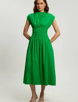Women's Cotton Poplin Shirred Waist Midi Dress in Green Size: 10 - Green - Size: 10 - Karen millen - FashionsVida