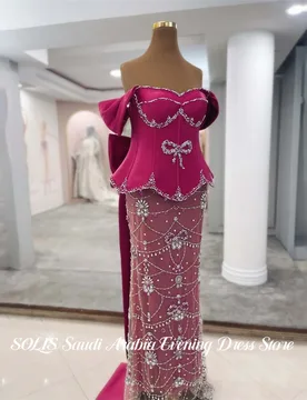 SOLIS Hot Pink Evening Dresses Off the Shoulder Satin Party Dress with Crystal and Bow vestidos de fiesta Prom Gowns Customized - Aliexpress - FashionsVida