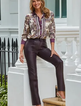 Womens Mulberry Seam Detail Straight Leg Leather Trousers - Purple - Size 12 Short - Sosandar - FashionsVida