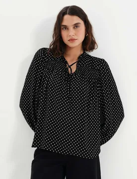 Polka Dot Shirred Tie Neck Blouse Black Mix female - Finery London - FashionsVida