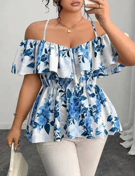 Blusa elegante de línea A con hombros descubiertos y ribete de volantes, talla grande, primavera/verano 1XL - Shein - FashionsVida