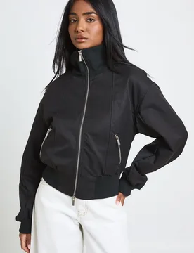 Womens Ribbed Funnel Neck Bomber Jacket - Black - Size 12 Uk - Boohoo - FashionsVida