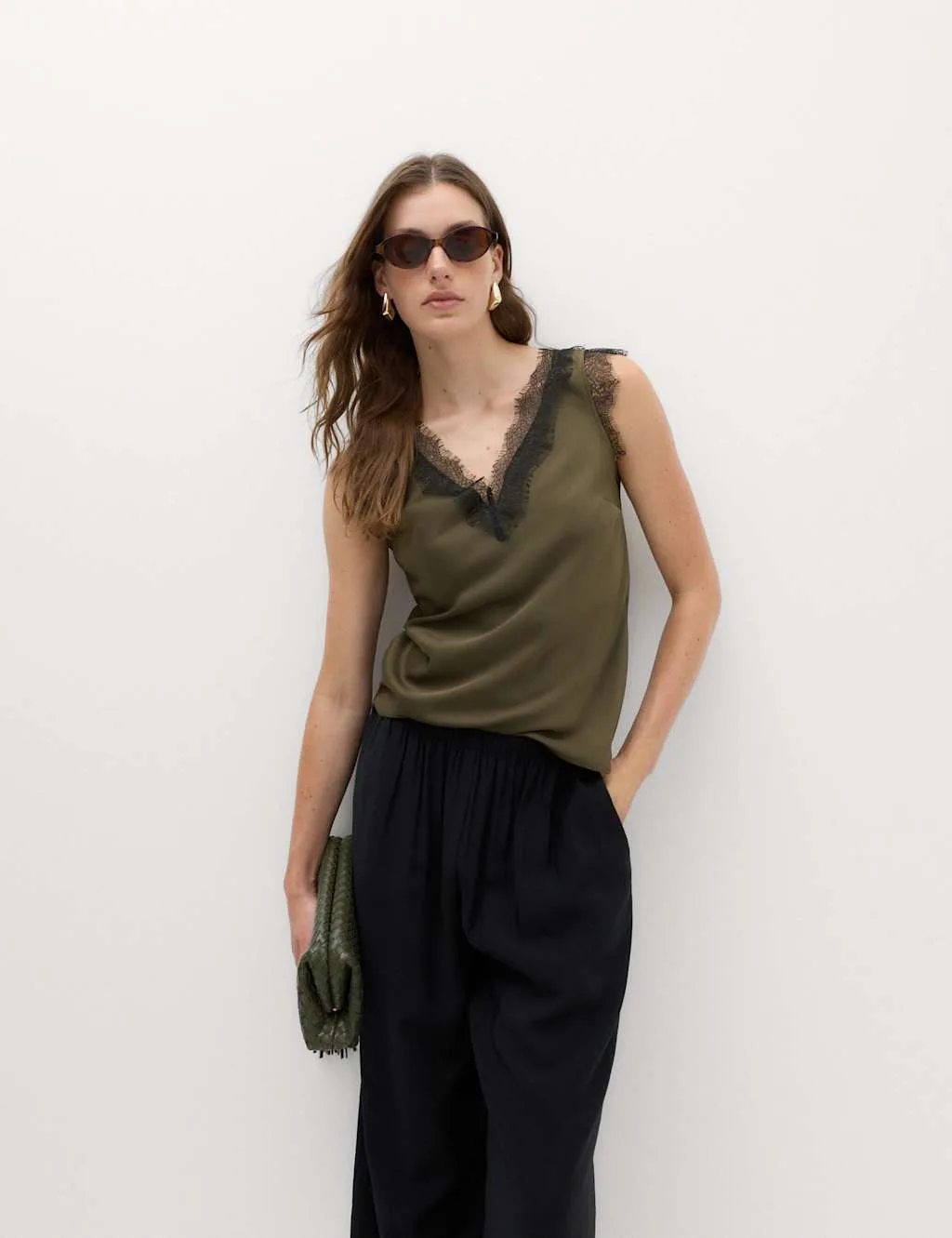 Satin V-Neck Lace Insert Cami Top Olive Mix female - M&S - FashionsVida