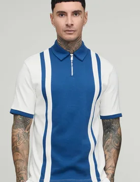 Herren Großes Schmal Geschnittenes Poloshirt Mit Paneelen Und Reißverschlusskragen Navy Größe Large - boohooMAN - FashionsVida