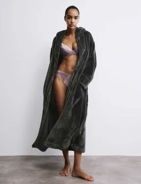 Fleece Hooded Dressing Gown Charcoal female - Rosie - FashionsVida