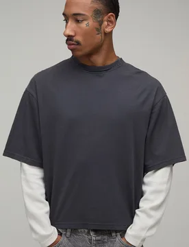 Mens Oversized Boxy Heavyweight Wash Faux Layer Waffle Sleeve T-Shirt - Charcoal Cotton - Size Medium - boohooMAN - FashionsVida