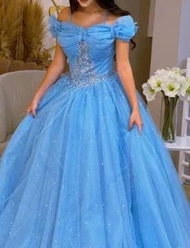 Shiny Light Blue Quinceanera Dresses Off the Shoulder Crystal Butterfly Decal Long tail Vestido De 15 Quinceanera Customize - Aliexpress - FashionsVida