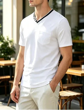 Men Contrast Trim V Neck Short Sleeve T Shirt Button Decor Chest Pocket Regular Fit Outdoor Daily Casual Summer Basic Tee Top - Aliexpress - FashionsVida