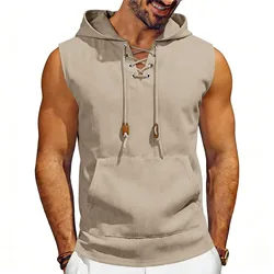 Men Solid Sleeveless Hooded Tank Lace Up Front Kangaroo Pocket Loose Breathable Summer Casual Daily Street Gym Pullover Vest Top