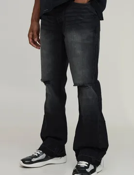 Mens Tonal Gusset Ripped Knee Slim Flared Jeans - Charcoal Cotton - Size 30r - boohooMAN - FashionsVida