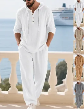 Spring Summer Linen Men's Casual Suit Loose Hooded Henley Long Sleeve Long Pants Set Solid Color Fashion Casual - Aliexpress - FashionsVida