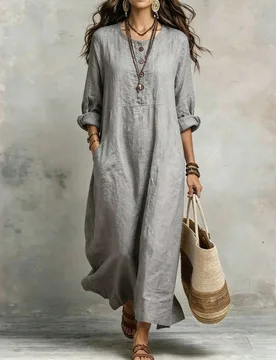 Vestido de mujer con cuello redondo, manga larga y bolsillo, vestido casual, vestido de verano, atuendo de vacaciones para mujer, vestido de playa S - Shein - FashionsVida