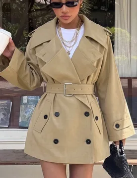 Abrigo largo de mujer elegante y de moda con doble botonadura y cinturón, estilo francés, ropa de mujer, abrigo largo de mujer para otoño/invierno - Shein - FashionsVida