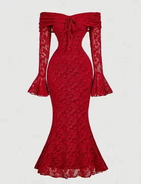 Vestido ajustado de manga larga con hombros descubiertos y lazo delantero para mujer, vestido de encaje rojo estilo sirena, vestido de fiesta, vestido - Shein - FashionsVida