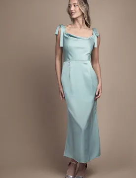 Women's Satin Tie Shoulder Cowl Front Midi Bridesmaid Dress in Sage Size: 16 - Sage - Size: 16 - OASIS - FashionsVida